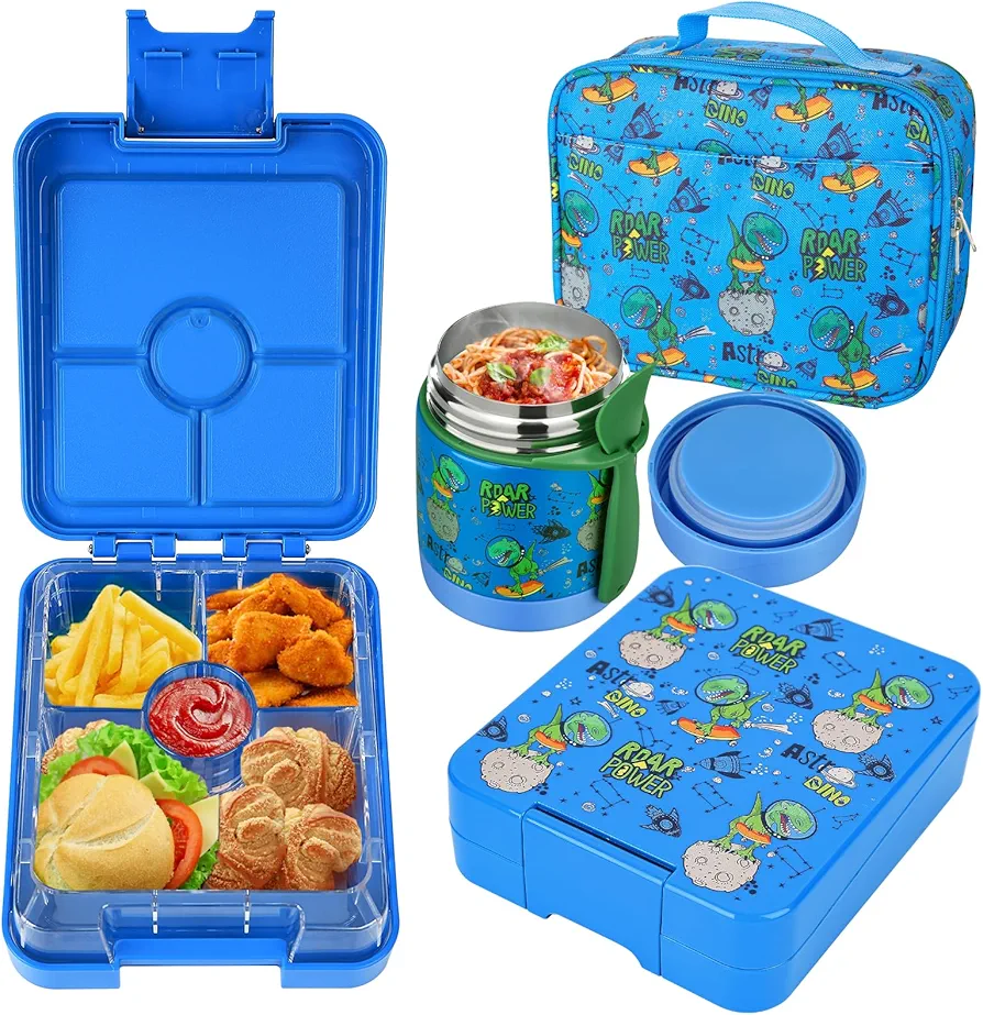 Bento Lunch Box Set for Kids with 10oz Soup Thermo, Leak-Proof Lunch Containers with 4 Compartment, Kids Thermo Hot Food Jar and Insulated Lunch Bag for Kids to School,BPA-Free(Dragon)