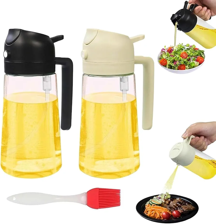 2-in-1 Oil Dispenser and Oil Sprayer for Cooking,Food Grade Oil Dispenser for Kitchen,Premium Glass Oil Bottle 16 oz/500ml&BBQ Brush for Air Fryer,Deep Fry,BBQ,Salad...Kitchen Gadgets-Black&White 2Pcs