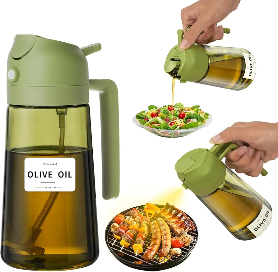 BCnmviku Oil Dispenser Bottle 16OZ for Kitchen - 2 in 1 Olive Oil Dispenser and Oil Sprayer - 470ml Olive Oil Bottle - Oil Sprayer for Cooking, Kitchen, Salad, Barbecue (Green-1)