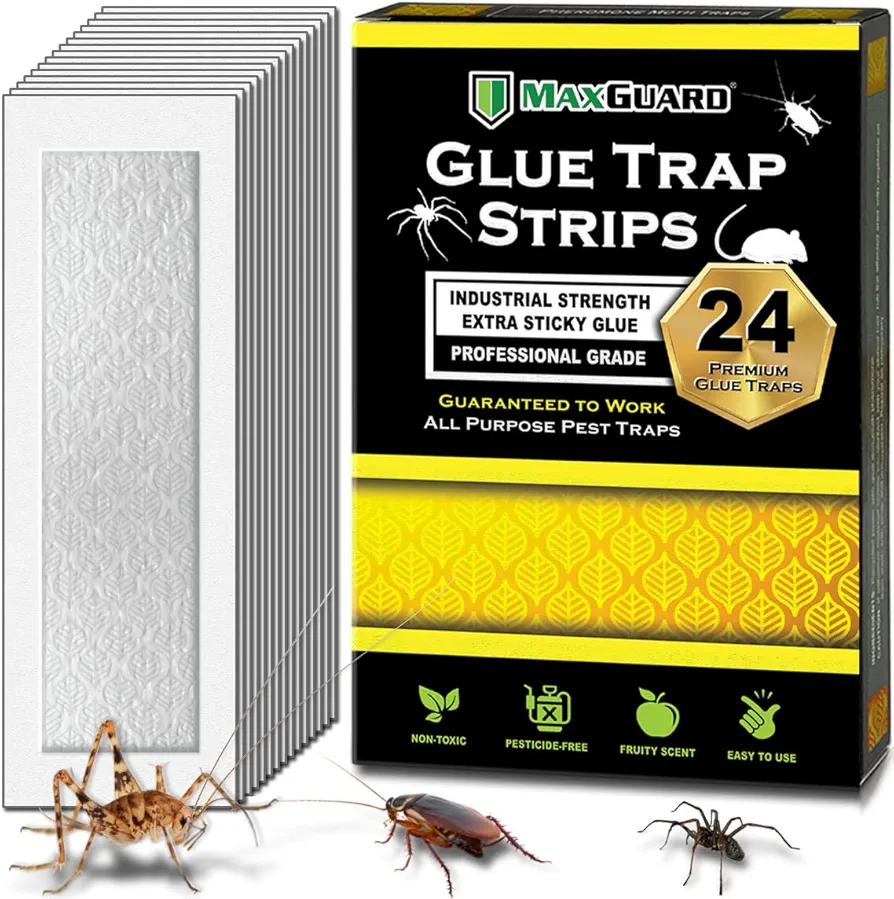 MaxGuard Glue Trap Strips (24 Traps) Non-Toxic Extra Sticky Glue Board Pre-Baited with Fruity Scent Attractant Trap & Kill Insects, Bugs, Spiders, Crickets, Scorpions, Cockroaches, Centipedes, Mice