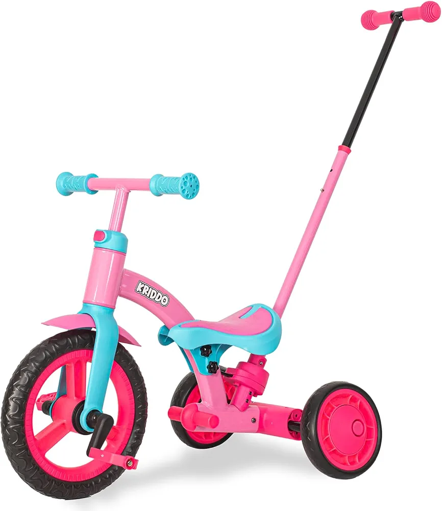 KRIDDO 4-in-1 Kids Tricycle for 1.5 to 3 Yea Old with Parent Steering Push Handle, 12 Inch Front Wheel Trike, Toddler Balance Bike for Boys Girls 18 Month to 3 Years, Adjustable Height, Pink