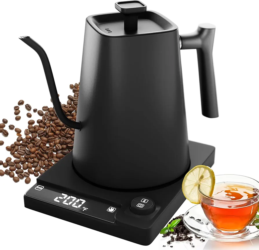 Gooseneck Electric Kettle with Temperature Control, 0.9L. Black Stainless Steel Electric Gooseneck Kettle. 1200W Rapid Heating Coffee Kettle. Auto Shut-Off Smart Kettle with LED Display