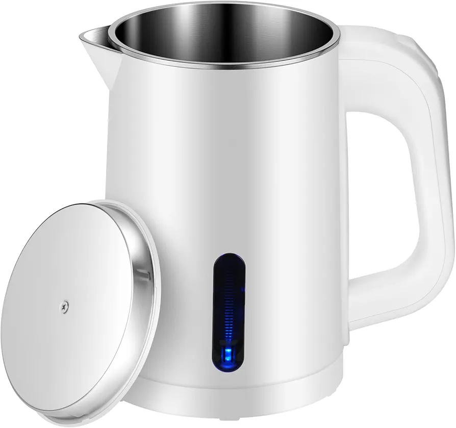 Small Electric Kettle Stainless Steel, 0.6L Portable Travel Kettle with Double Wall Construction, Mini Hot Water Boiler Heater, Electric Tea Kettle for Business Trip, Camping, Travel, Office (White)