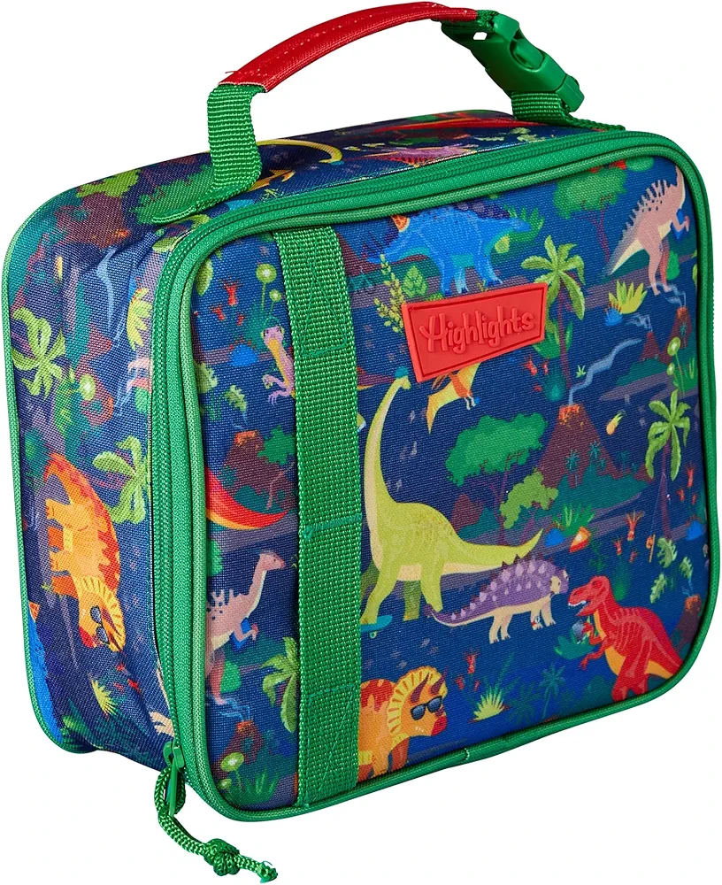 Highlights for Children Lunch Box for Kids, Reusable Insulated Lunch Boxes for Boys and Girls, Food-Safe Easy-Clean Lunch Bag for School (Dinosaur Glow-in-the-Dark - Green)