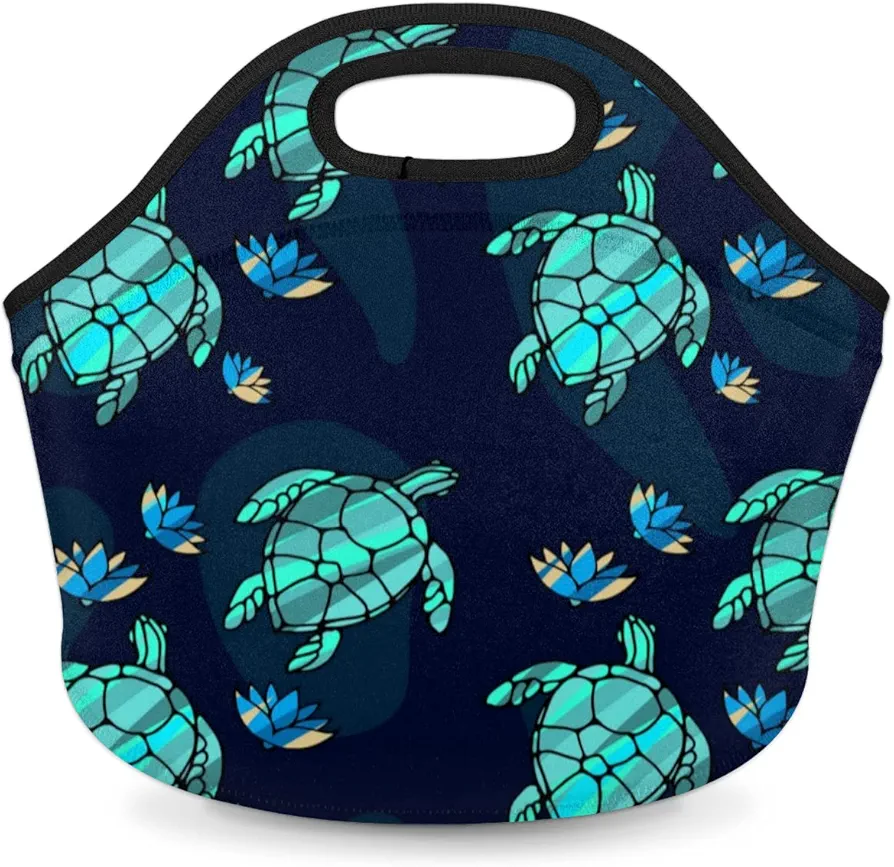 Insulated Neoprene Lunch Bag for Women Men Kids Teal Turtle Ocean Animal Nautical Floral Lunch Box Reusable Small Lunch Tote Bag Cooler Bag for School Work Picnic