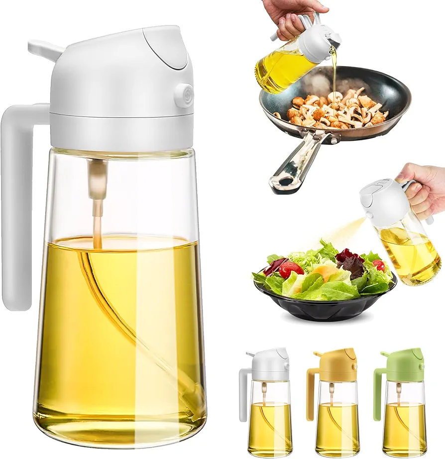 Oil Dispenser for Kitchen Spray, 2 In 1 Oil Dispenser and Oil Sprayer, Olive Oil Spray Dispenser for Kitchen, 16oz/470ml Glass Oil Spray and Pour Bottle for Air Fryer, Salad, Frying, BBQ (White)