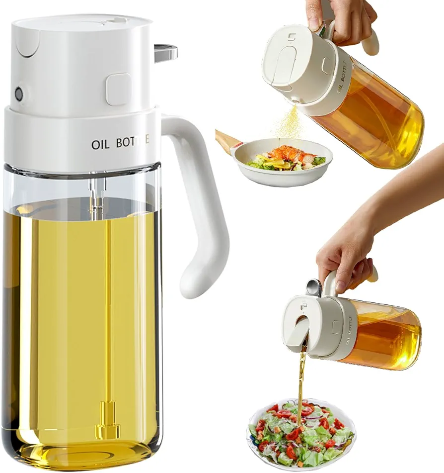 Oil Sprayer for Cooking-2 in 1 Olive Oil Dispenser, 550 ml /18.6 oz Oil Dispenser Bottle Oil Mister for Air Fryer, BBQ,Salad, Frying, Barbecue (White)