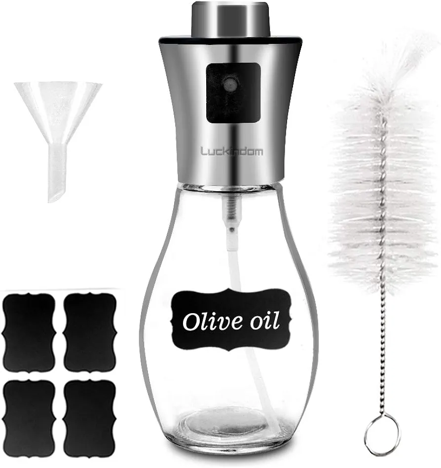 Olive Oil Sprayer for Cooking, Refillable Stainless Steel Oil Dispenser with Brush, Mini Funnel, Labels, Vinegar Glass Spray Bottle for BBQ, Salad, Baking, Grilling, Roasting, Frying