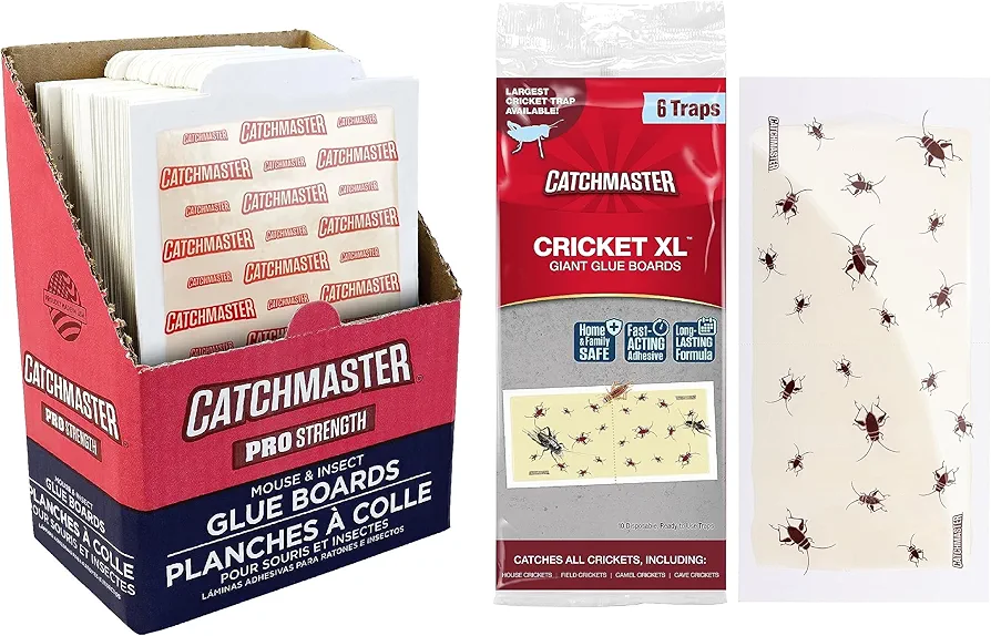 Catchmaster Pro Strength Mouse & Insect Glue Board Set, 60pk & Cricket XL Giant Glue Boards 6pk, Mouse Traps Indoor for Home, Pet Safe House Pest Control