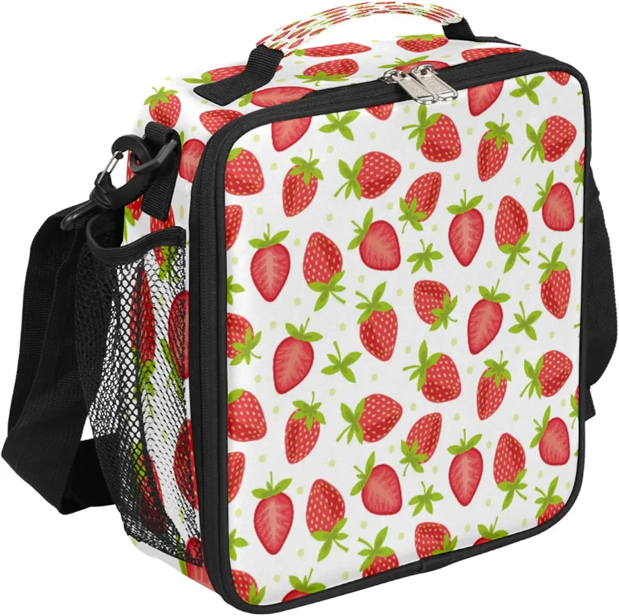 Cute Strawberry Lunch Box for Kids Girls Boys, Fruit Strawberry Lunch Bag for Teens Insulated Lunchbox for School, Work, Picnic Cooler Tote Bag with Adjustable Shoulder Strap