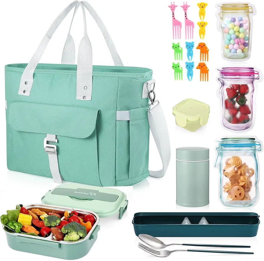 Baderke Large Capacity Bento Box Set Work Lunch Bags for Women with 18 Pcs Accessories Wide Open Leak Proof Tote Cooler Bag with Removable Shoulder Strap and Side Pocket, Lunchbag for Picnic(Mint)