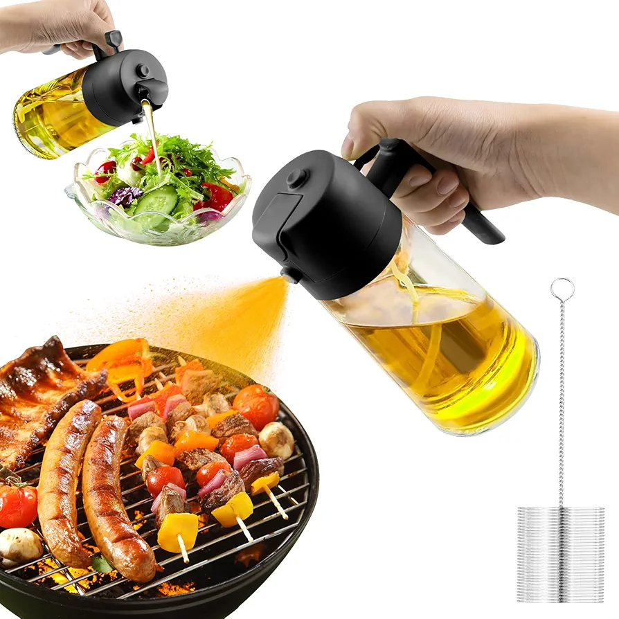 Oil Sprayer for Cooking, 17oz Olive Oil Sprayer - 2 IN 1 Olive Oil Dispenser, Food-grade Olive Oil Spray Bottle for Cooking, Kitchen, Air Fryer, Salad, BBQ (Black, Includes Brush)