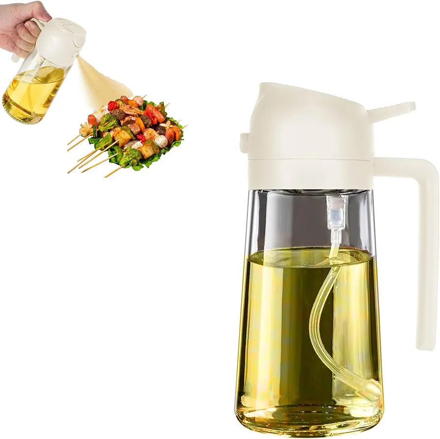 2 in 1 Oil Sprayer and Dispenser for Cooking -470ml/15.9oz Glass 2 in 1 Oil Dispenser and Oil Sprayer Bottle, Oil Sprayer for Cooking, Kitchen, Frying, Barbecue (White)