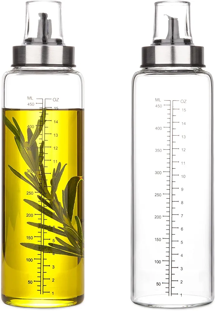 Oil Bottles Oil Dispenser for kitchen 17oz 2 Pack, Oil Container Kitchen Olive Oil Dispenser Bottle with Degree Scale, Glass Oil Dispenser Oil and Vinegar Dispenser Set for Kitchen, Air Fryer, BBQ