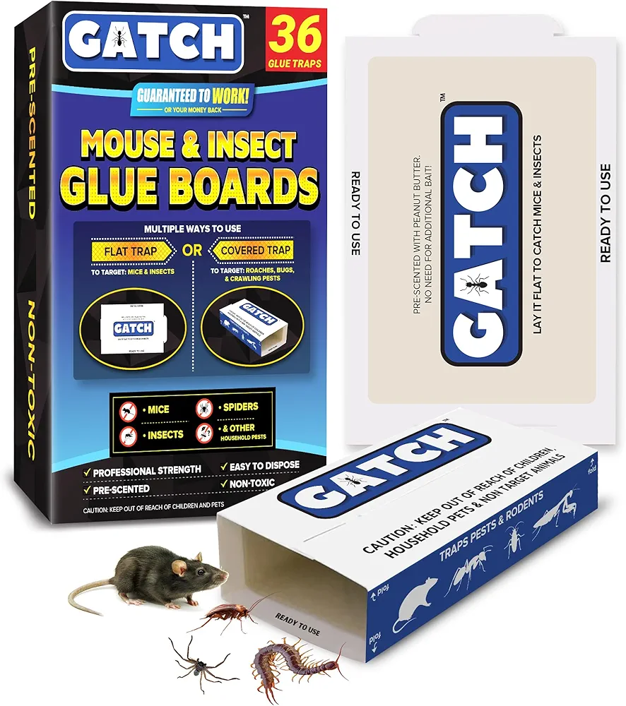 Mouse & Insect Glue Boards (12 Pack), Sticky Mouse Traps Indoor for Home, Pre-Baited Glue Traps for Mice Rodent Rat Bugs Cockroach, Adhesive Roach Traps Indoor, House Pet Safe Pest Control