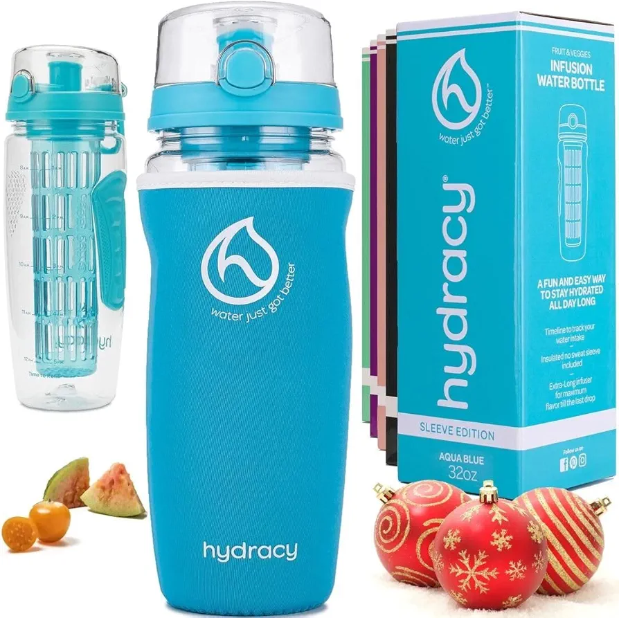 Hydracy Fruit Infuser Water Bottle - 32 oz Sports Bottle - Insulating Sleeve, Time Marker & Full Length Infusion Rod + 27 Fruit Infused Water Recipes eBook Gift - Aqua Blue