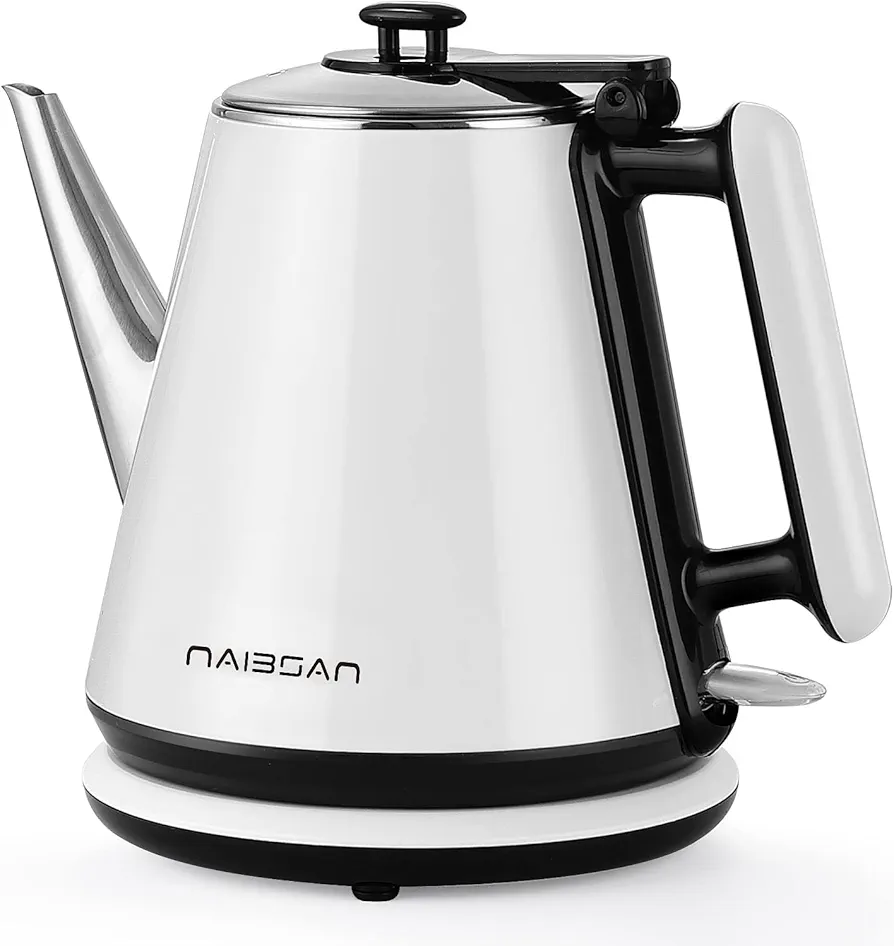 Electric Kettle, 1L Stainless Steel Electric Tea Kettle with Auto Shut Off & Boil Dry Protection, Pour-Over Coffee & Tea Kettle, Fast Boil Hot Water Boiler, 1000W, White