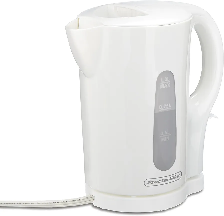 Proctor Silex Electric Tea Kettle, Water Boiler & Heater, 1 L, Cordless, Auto-Shutoff & Boil-Dry Protection, White (41005)