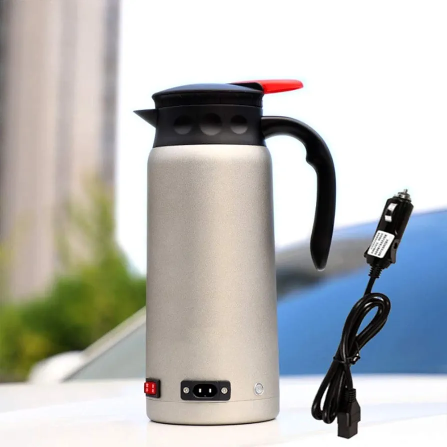Portable Car Electric Kettle Travel Car Cigarette Lighter DC12V/24V Hot Water Kettle Fast Boiling for Tea Coffee 1200ml Auto Shut Off (Color : Silver)