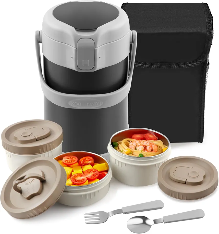 Thermal Food Container for Hot Food 3 Tier 74oz Leakproof Stackable Insulated Food Jar Carrier Soup Container with Bag&Spoon Fork Stainless Steel Bento Thermal Lunch Box for Men Women Office (Grey)