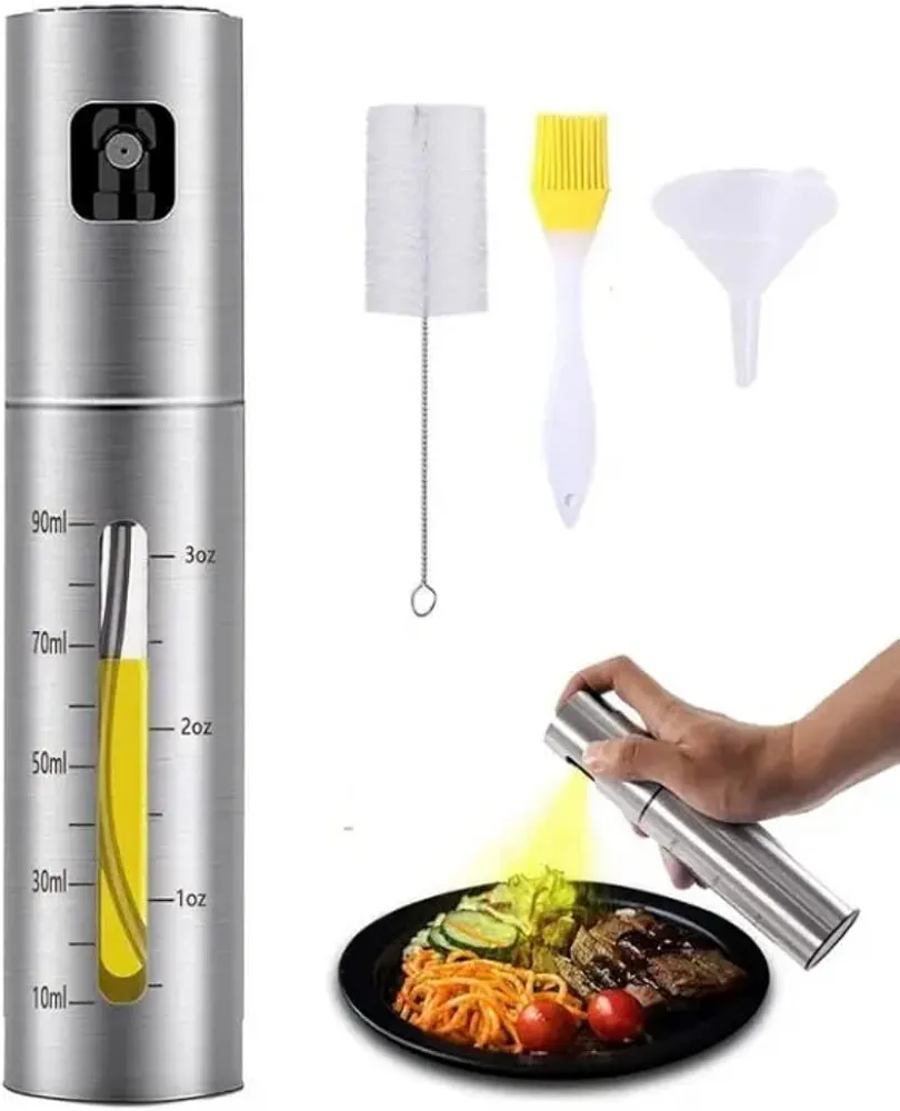 A&J Essentials Oil Sprayer for cooking- 100mL stainless steel, modern, durable, sleek design - Baking, Salad, Grilling, BBQ, Roasting - Oil dispenser is compatible with various cooking oils & juices