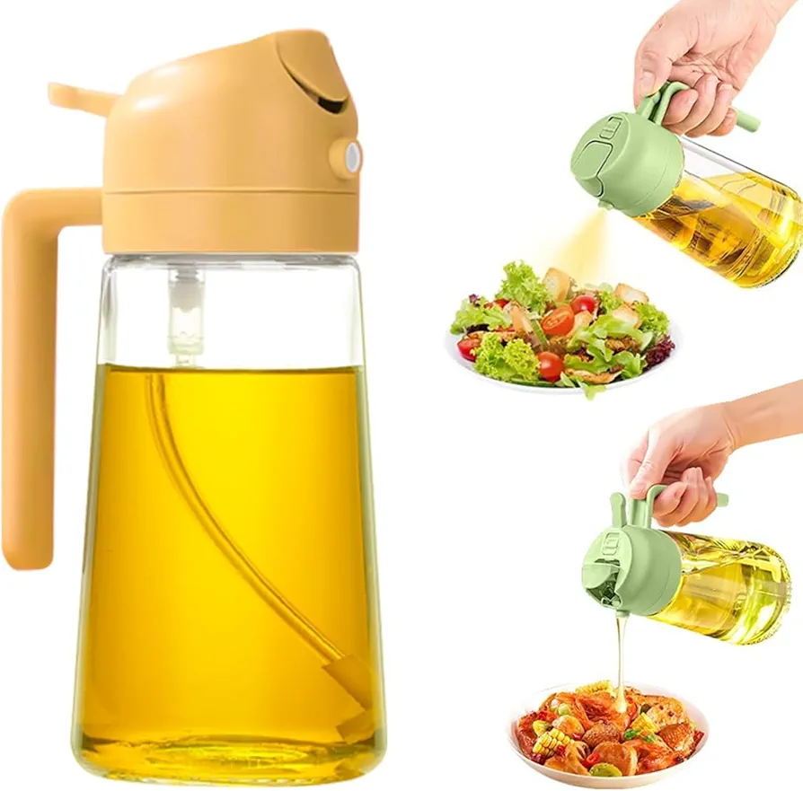 Oil Sprayer for Cooking,2 in 1 Olive Oil Dispenser Bottle for Kitchen,17oz/500ml Premium Glass Oil Bottle,Food-grade Oil Mister for Air Fryer,Salad,Frying,BBQ (Yellow)