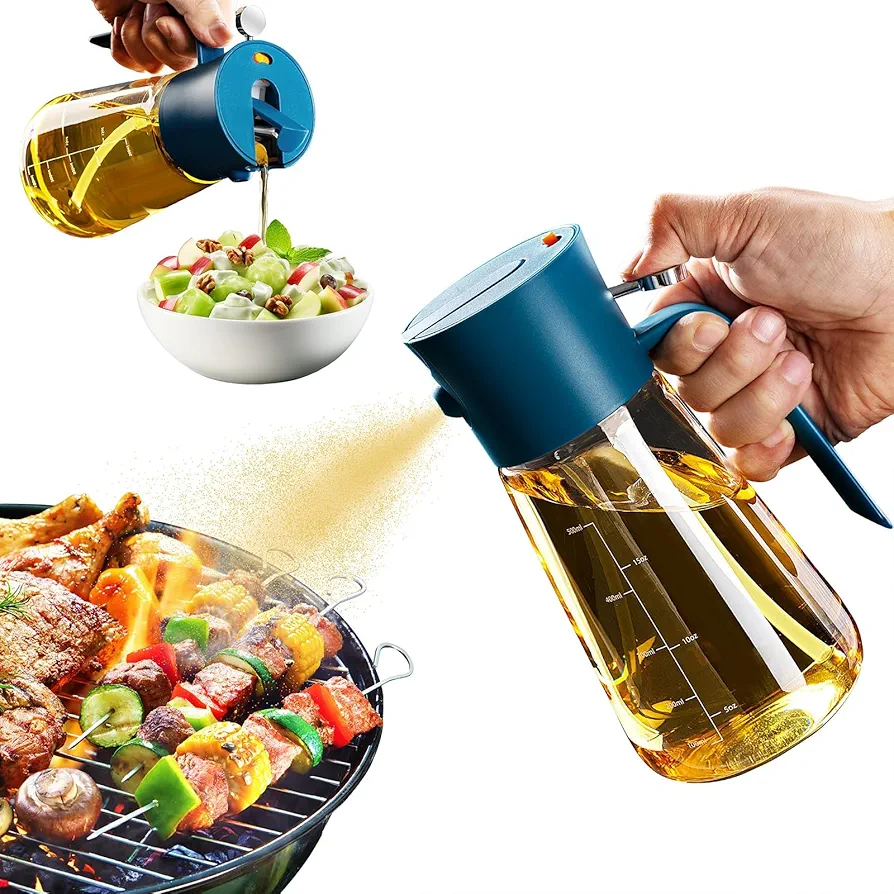 CXINYI Olive Oil Dispenser Bottle - 2 in 1 Oil Dispenser and Oil Sprayer - 700ml / 23Oz Oil Bottle with Enhanced Spray Nozzle - Oil Sprayer for Cooking, Kitchen, Salad, Barbecue Blue