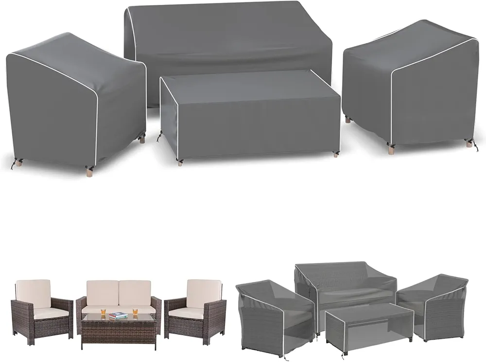Outdoor Furniture Cover Waterproof, 4-Piece Patio Furniture Covers for 4 PCS Patio Outdoor Conversation Set, Included: Ourdoor Loveseat Cover, 2 Patio Chair Covers, Outdoor Coffee Table Cover-Grey