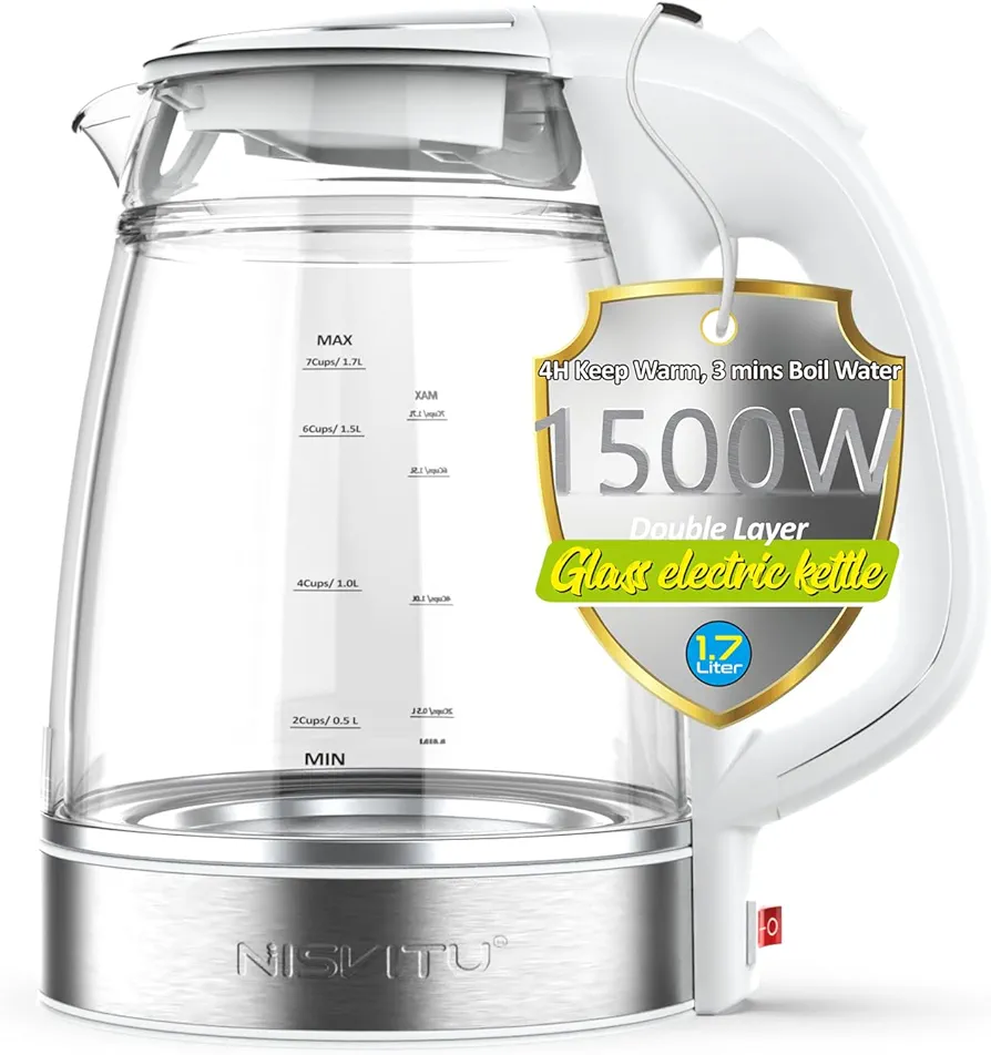 Double Glass Electric Kettle Cordless Electric Kettle Hot Water Boiler Electric Tea Kettle Automatic Shut off 1.7L Stainless Steel Kettle Electric Teapot Boil-Dry Protection Anti-Scald (White)