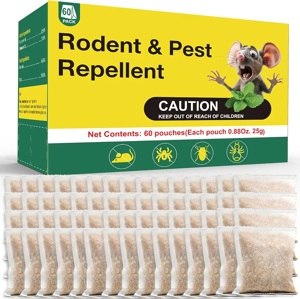 60 Bags Rodent Repellent Pouches, Natural Pest Control with Peppermint Oil, Safe for Children & Pets, Indoor and Outdoor Use