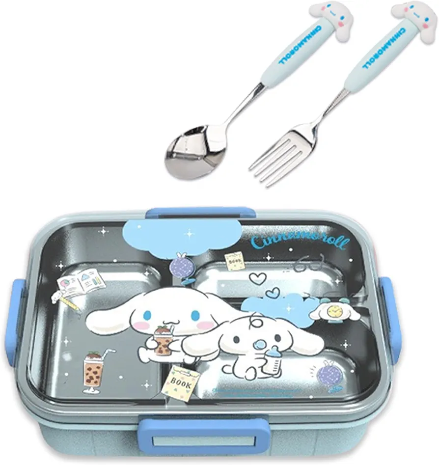 Roffatide Cartoon Cute Cinnamoroll Printed All-in-One Bento Boxes with Spoon Fork Kawaii 4-Point Lock Type Lunch Box Containers for Food Fruit Snack