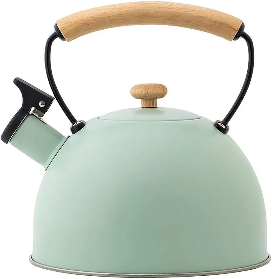 Whistling Tea Kettle, Stainless Steel - Modern, Polished Tea Pot with Wood Grain Handle for Gas, Electric, Induction, Ceramic Stovetops - Cooktop Kettles (Light Green)