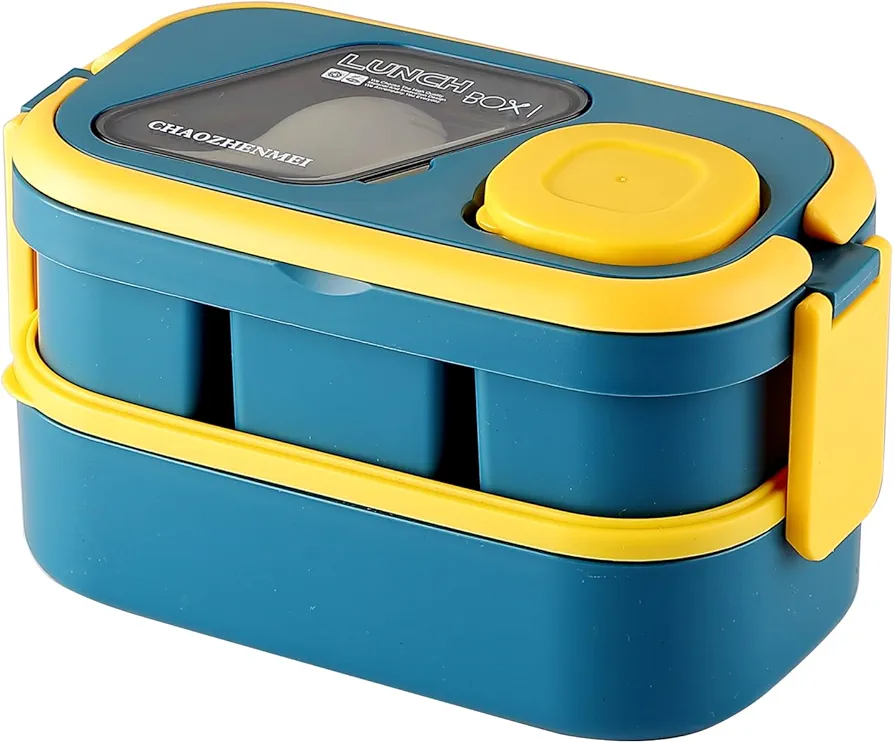 Stackable Bento Box（50oz）with Handle for Adult/Kids/Women,Large Lunch Bento Box with 4 Compartments, Meal Prep Containers with salad box and Utensils, BPA Free, Microwave Safe Food Container (Blue)