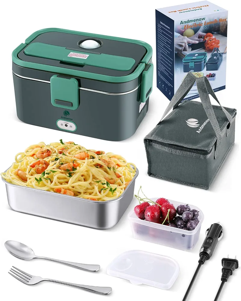 80W Faster Electric Heated Lunch Box, 12/24/110V Portable Lunch Warmer, 1.8L(61 oz) Capacity 304 Stainless Steel Container for Car and Home/Office, with Carry Bag and Fork & Spoon (Grey+Green)