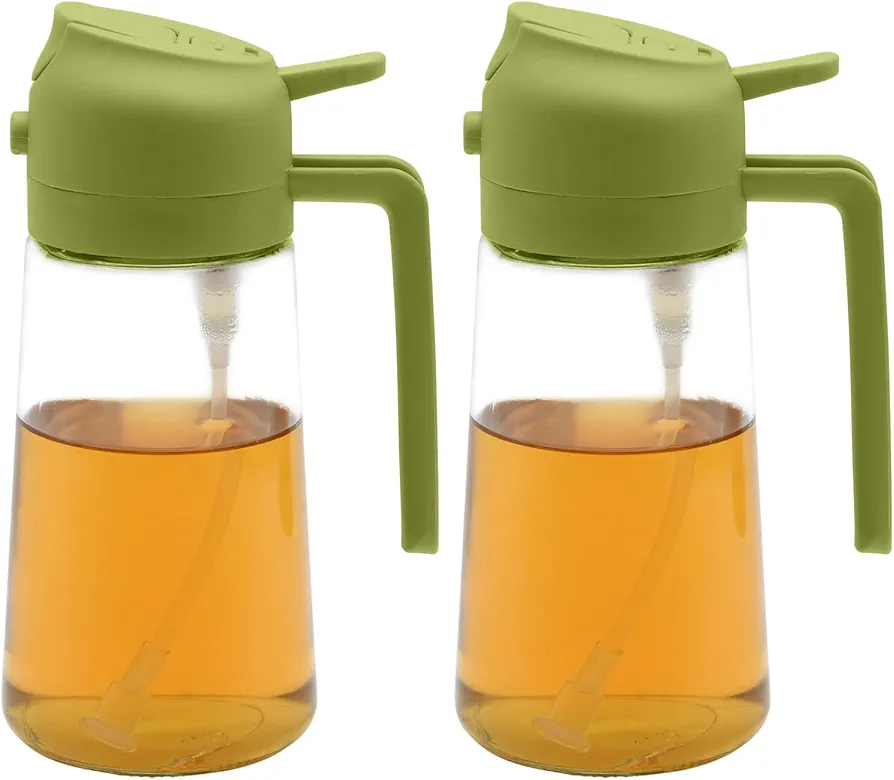 2 Pack 16oz Olive Oil Bottle, Oil Dispenser with Pourer, 2 in 1 Oil Sprayer for Cooking, Kitchen, Salad, BBQ-Green