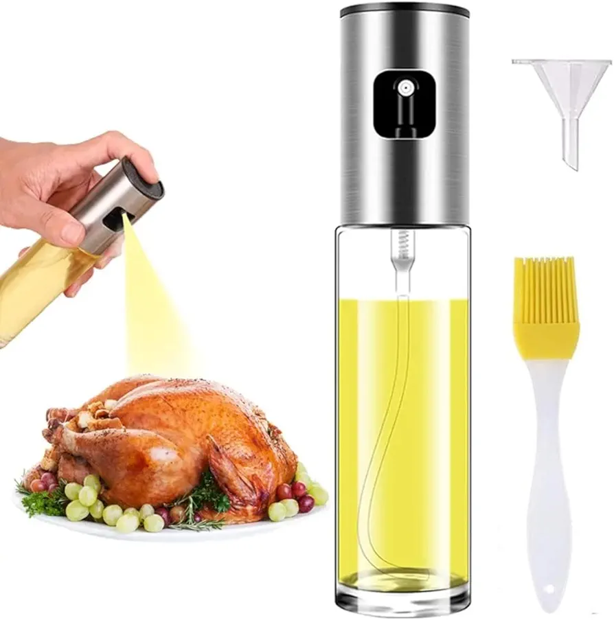 Oil sprayer for cooking, 100ml olive oil mister,dispenser,refillable kitchen oil atomizer, with brush and injector- strong spray force, used for frying,baking,bbq,roasting, showbox 001