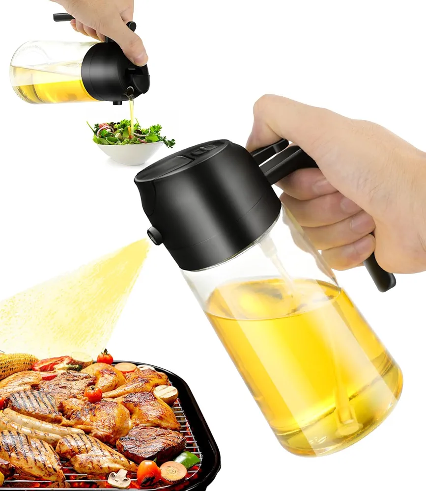 Oil Dispenser Sprayer for Cooking, 2-in-1 Olive Oil Dispenser for Kitchen, 16oz 470ml Oil Dispensing Oil Sprayers Glass Bottom Pourer Mister for Salad, Baking, Cooking, Vegetables
