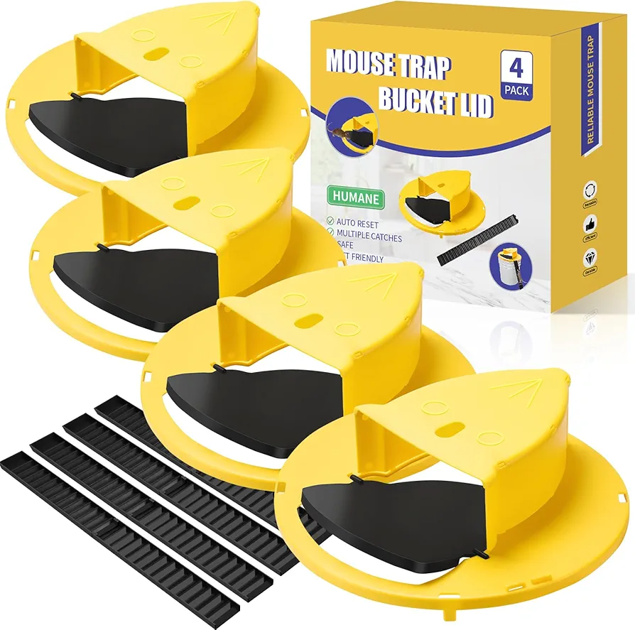 Mouse Traps Bucket Lid, 4 Pack Mouse Trap Bucket Lid for 5 Gallon Bucket, Multi-Catch, Auto Reset, Reusable Rat Trap Lid for Indoor Outdoor Chicken Coop Barn Garage