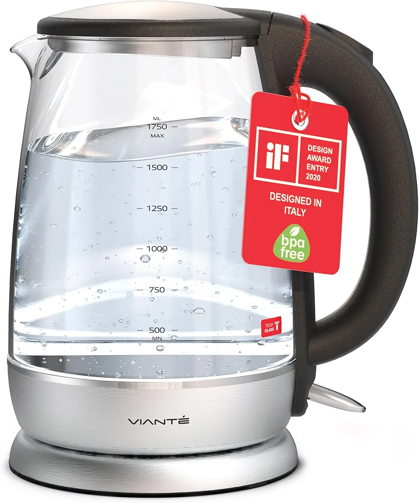 Vianté Electric Glass Tea Kettle. Fast Water Boiler. BPA-FREE. Stainless Steel & Borosilicate Glass. Designed in Italy. 1.7 Liters capacity.