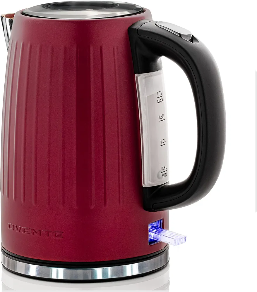 OVENTE Stainless Steel Electric Kettle Water Boiler 1.7 Liters - Powerful 1750W BPA Free with Auto Shut Off & Boil Dry Protection, Portable Instant Hot Water Pot for Coffee & Tea - Maroon KS711M
