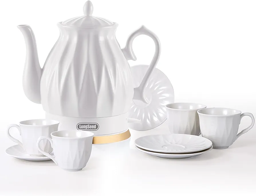 Ceramic Electric Kettle Set with Infuser, and 4 Cups + Saucer, 1.5L/1200W Boil Water Quickly and Easily with Boil-Dry Protection Auto Shut Off, Detachable Swivel Base, Glazed Diamond Cut