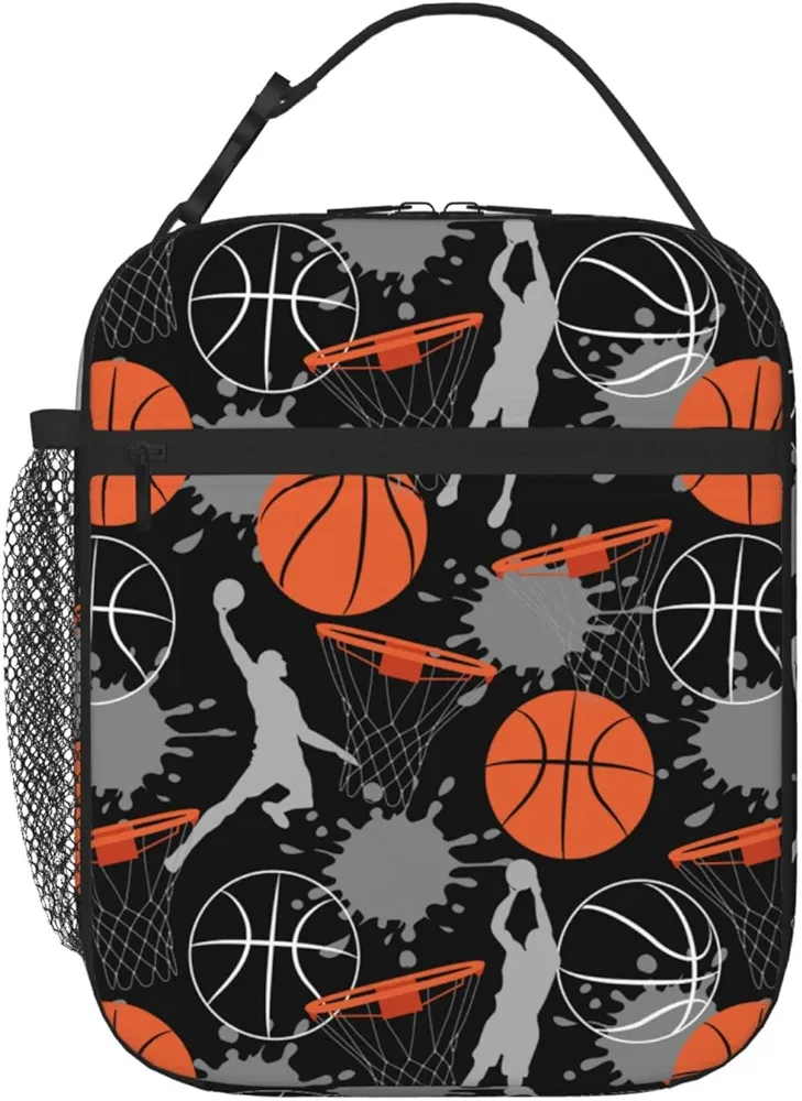 Basketball Lunch Box Insulated Lunch Bag Box kids Girls Boys, Reusable Small Bento Lunch Box Containers for kids Women Men, Durable Cooler Tote Bag Lunchbox for Work/Office/School/Picnic