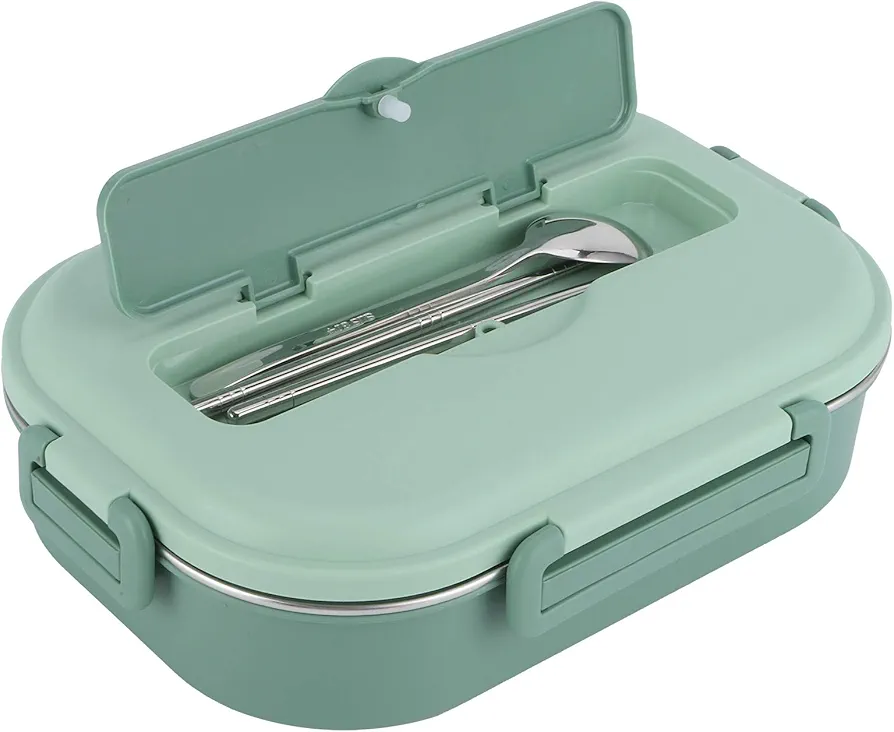 Yosoo Stainless Steel Lunch Box,4‑Grid Portable Bento Box,Food Storage Container for Adult,the Lid Contains Spoons and Chopsticks(Green)