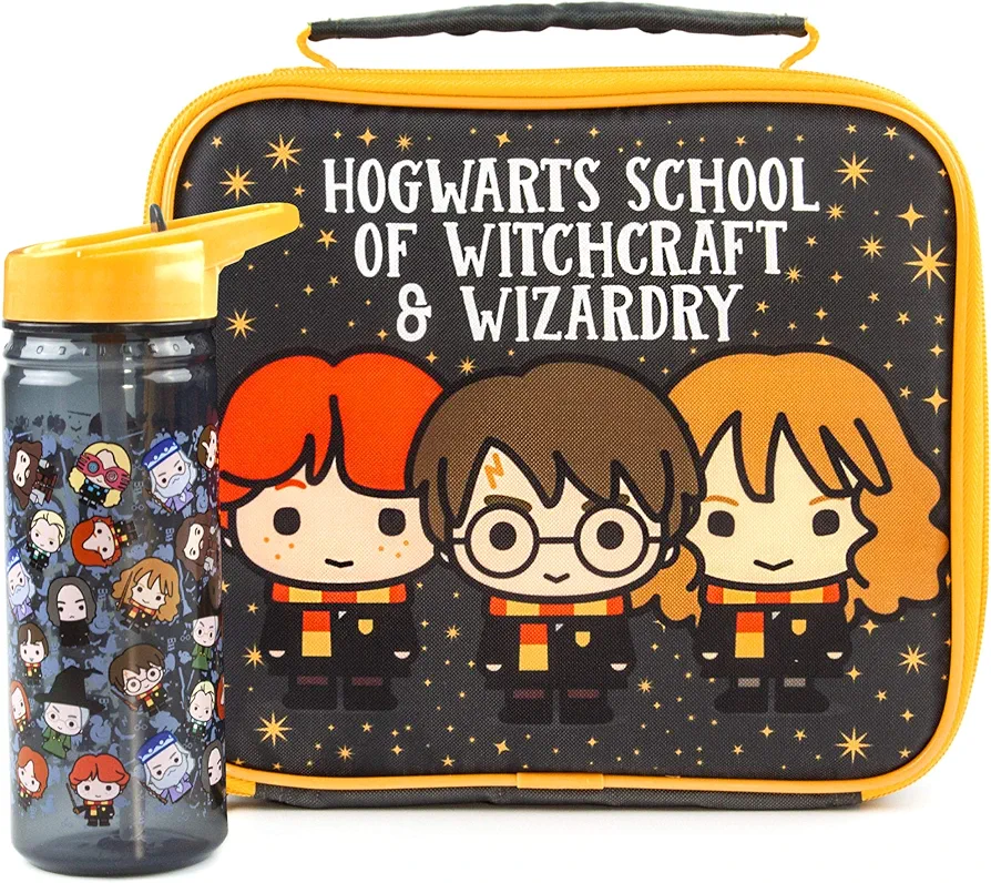 Harry Potter Lunch Bag and Bottle Set | Harry, Ron, Hermione Chibi Character Adventure | Themed Lunch Set