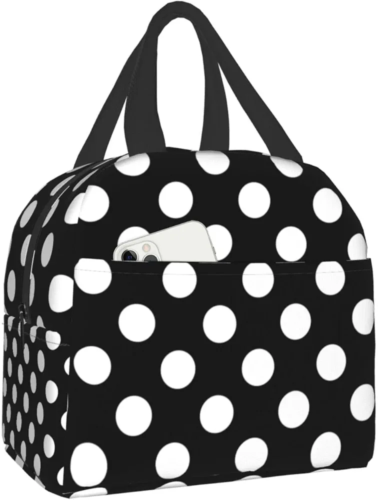 Black and White Polka Dots Lunch Box Picnic Thermal Insulated Tote Bag for Women Girls Washable Reusable