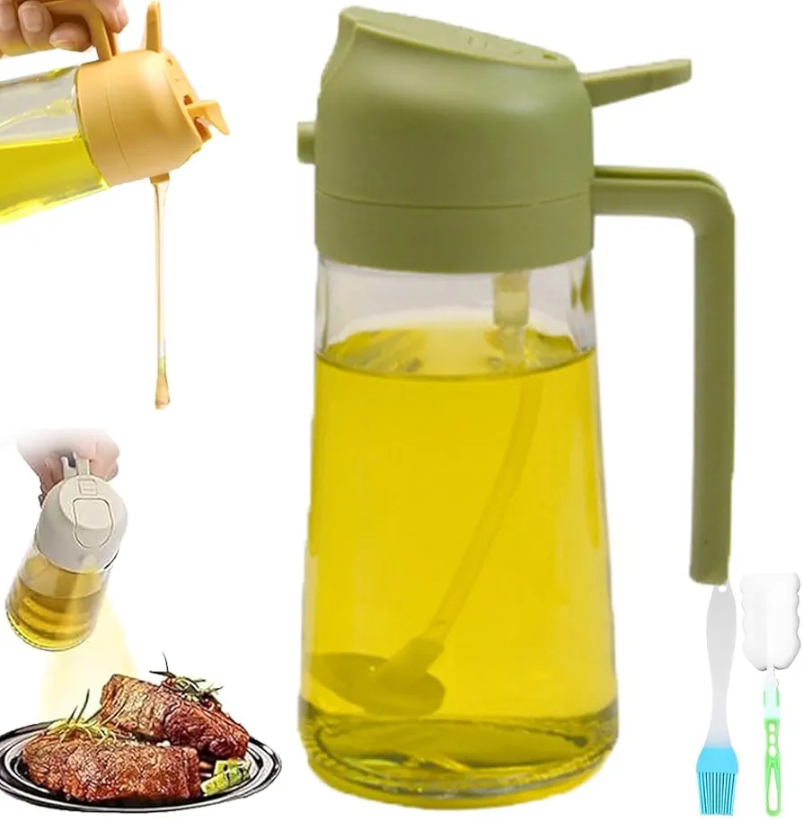 2 In 1 Oil Dispenser and Oil Sprayer,2 In 1 Glass Oil Sprayer & Dispenser,2 In One Glass Oil Sprayer and Dispenser,Oil Sprayer for Cooking,Food-Grade Glass Oil Spray Bottle (600ml Green)