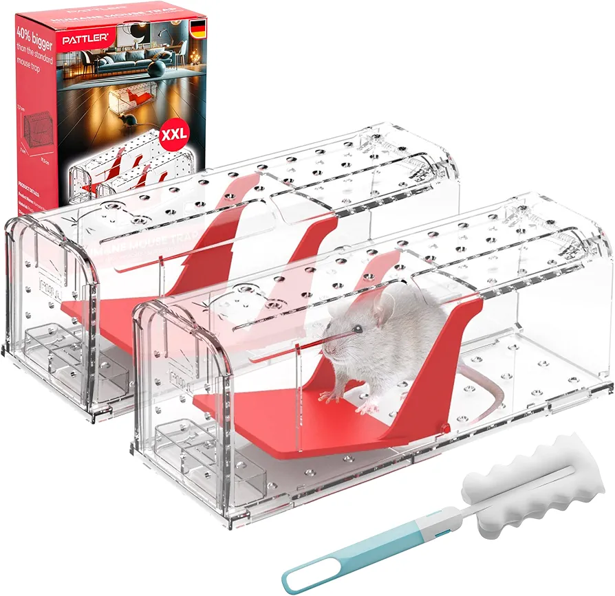 PATTLER® | Large Humane Mouse Trap for Indoor and Outdoor Home | Mechanical Reusable Live Mouse Traps Catch and Release Mice from Garden, Garage, Attic, Inn, Hotel | Red | Pack of 2