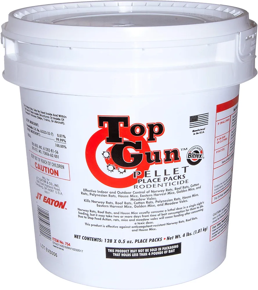 JT Eaton 754 Top Gun Pellet Place Packs Rodenticide, Neurological Bait with Stop-Feed Action, for Mice and Rats (4 lb Pail of 128)