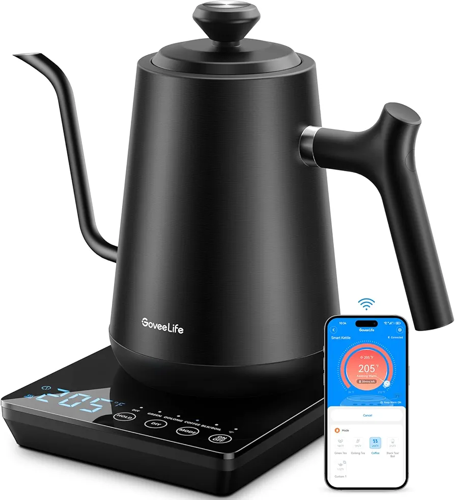 GoveeLife Smart WiFi Electric Kettle with LED Display, Variable Temperature Control, 0.8L, Alexa Compatible - Stainless Steel Kettle for Pour Over Coffee, Brew Tea, Boil Hot Water, Matte Black