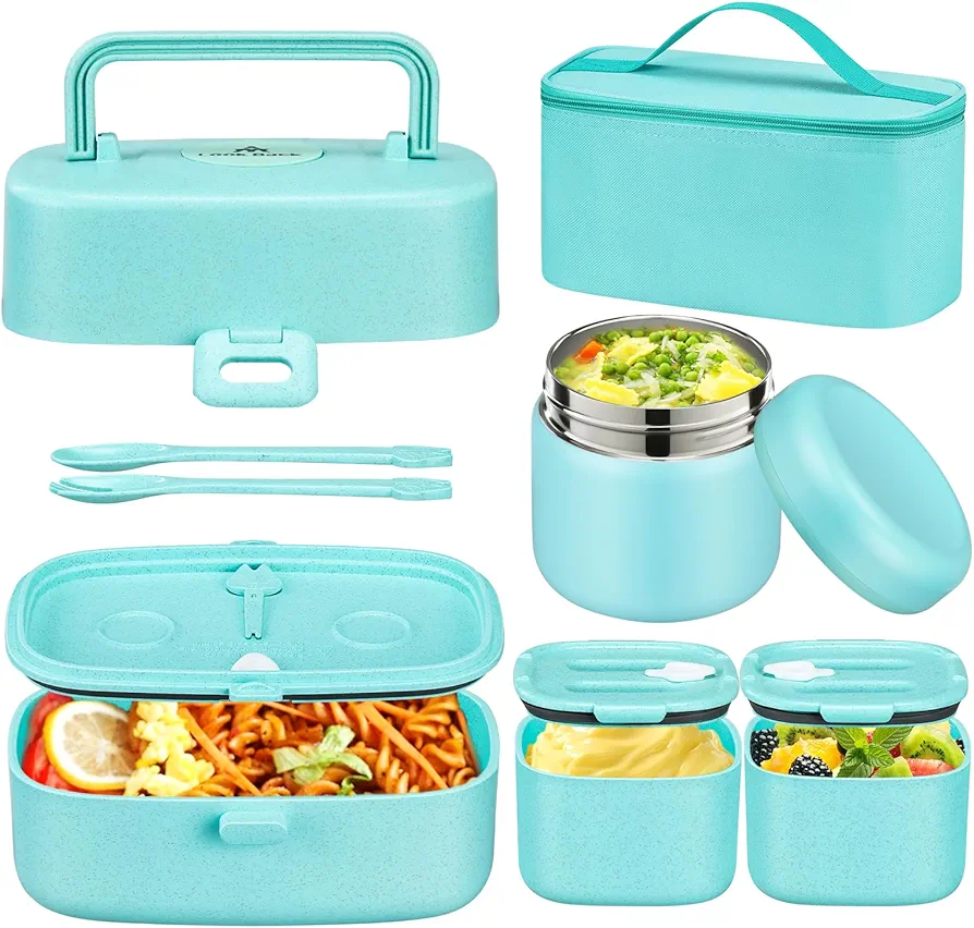 Bento Lunch Box with 8oz Soup Thermo for Kids Leak-Proof Food Containers 3 Compartments with Lunch Bag and Insulated Hot Food Jar for School Outdoors Office